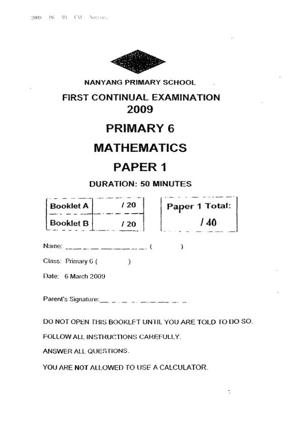 Nanyang P6 Math WA1 2009 exam paper PDF preview