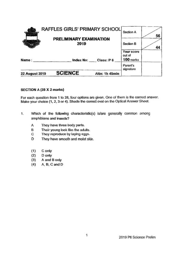 Raffles Girls P6 Sci SA2 2019 exam paper PDF first page preview
