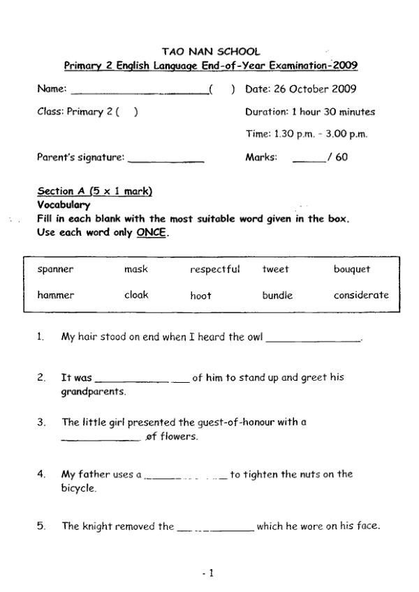 Tao Nan P2 Eng SA2 2009 exam paper PDF first page preview