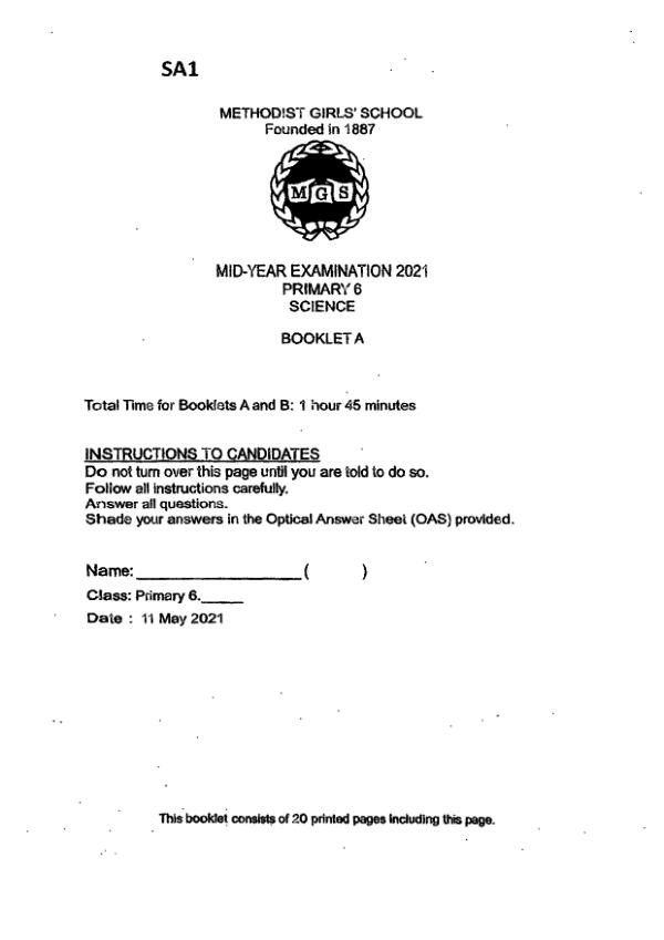 Methodist Girls P6 Sci WA2 2021 exam paper PDF first page preview