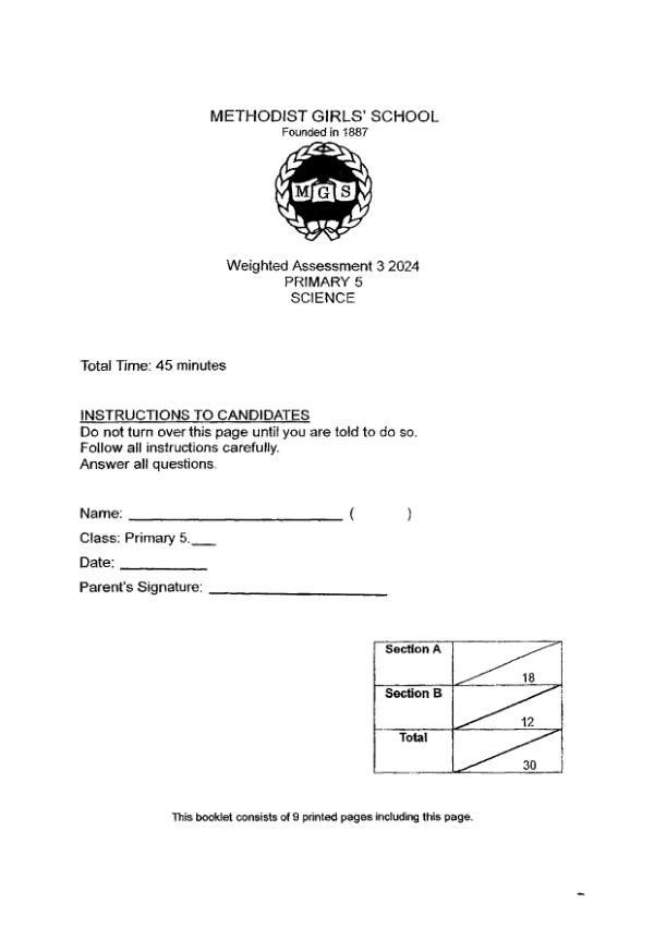 First page preview of P5 Sci 2024 WA3 — Methodist Girls