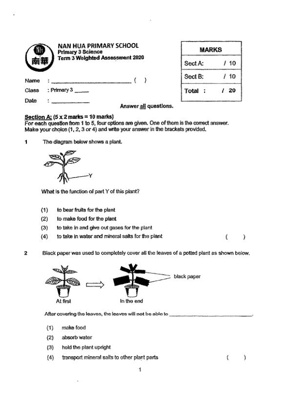 Nan Hua P3 Sci WA3 2020 exam paper PDF preview