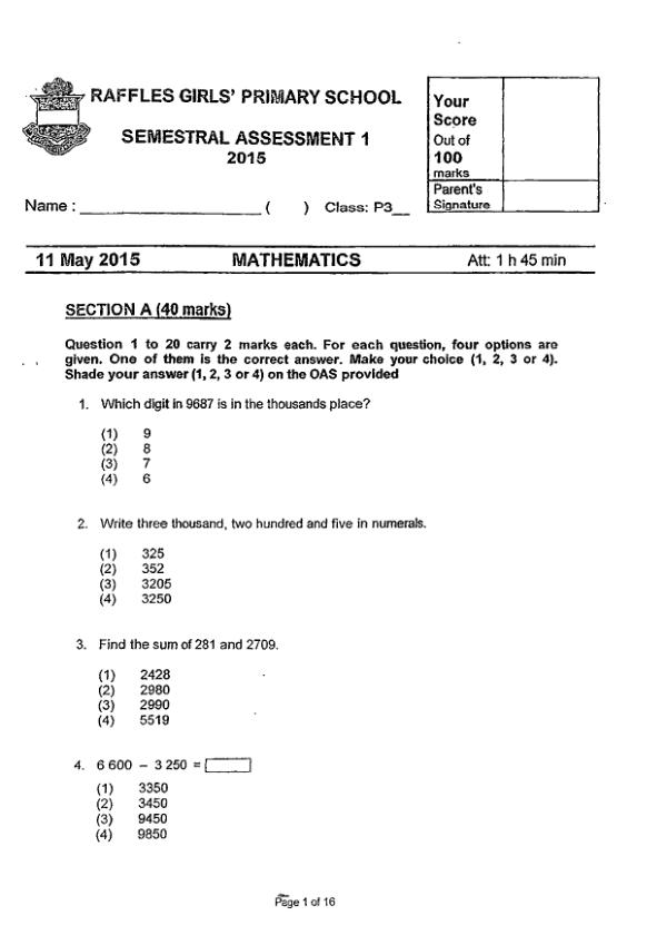 First page preview of P3 Math 2015 WA2 — Raffles Girls