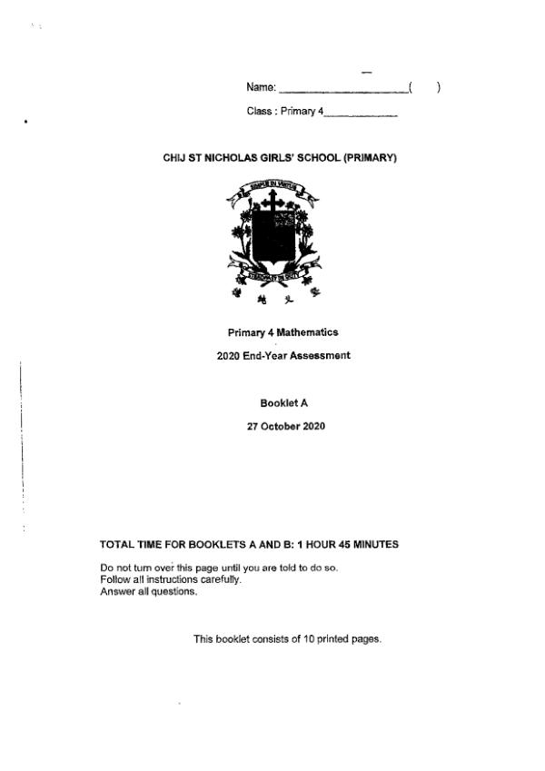 First page preview of P4 Math 2020 SA2 — CHIJ