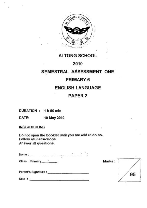 Ai Tong P6 Eng WA2 2010 exam paper PDF first page preview