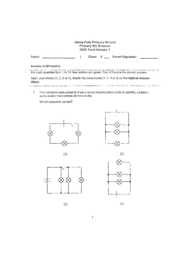 Henry Park P6 Sci WA1 2025 exam paper PDF first page preview