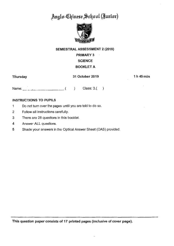 Anglo Chinese P3 Sci SA2 2019 exam paper PDF first page preview