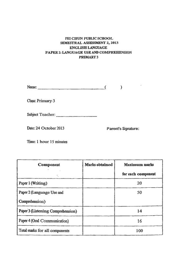 Pei Chun P3 Eng SA2 2013 exam paper PDF first page preview