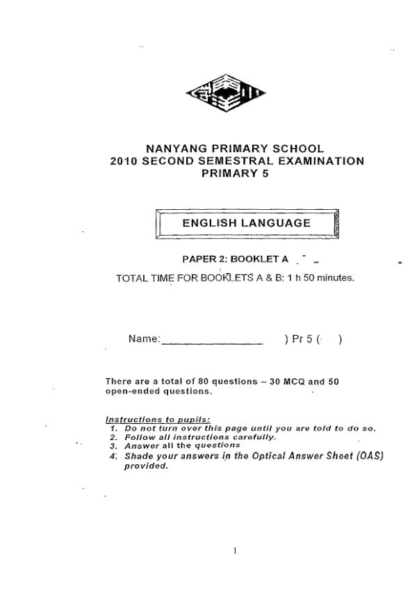 Nanyang P5 Eng SA2 2010 exam paper PDF first page preview