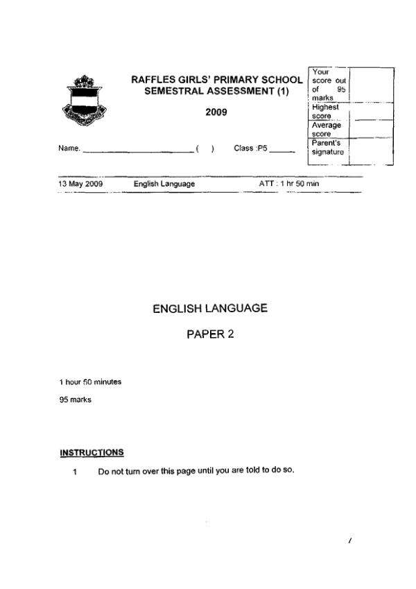 Raffles Girls P5 Eng WA2 2009 exam paper PDF preview