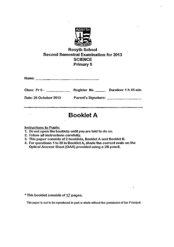 Rosyth P5 Sci SA2 2013 exam paper PDF preview
