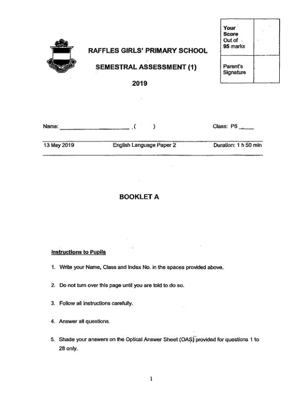 Raffles Girls P5 Eng WA2 2019 exam paper PDF first page preview