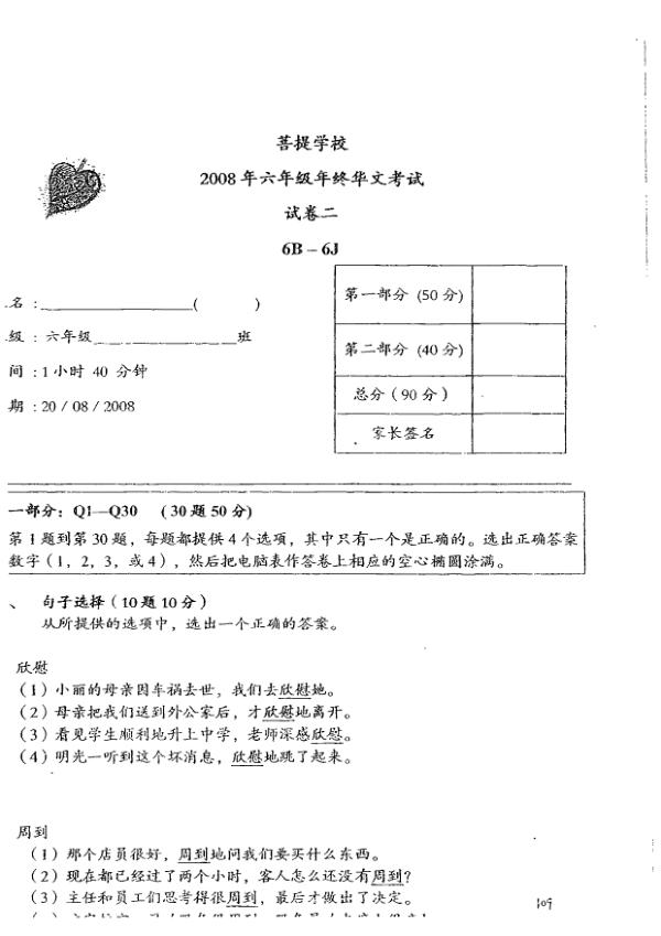 Maha Bodhi P6 Chi SA2 2008 exam paper PDF preview