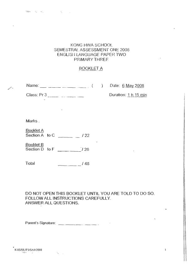Kong Hwa P3 Eng WA2 2008 exam paper PDF first page preview