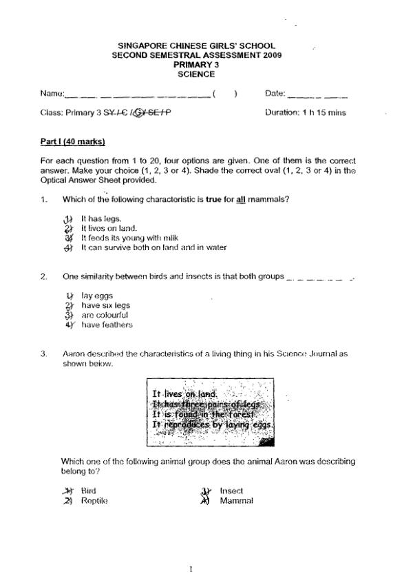 Singapore Chinese Girls P3 Sci SA2 2009 exam paper PDF first page preview