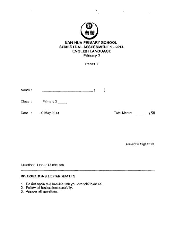 Nan Hua P3 Eng WA2 2014 exam paper PDF preview