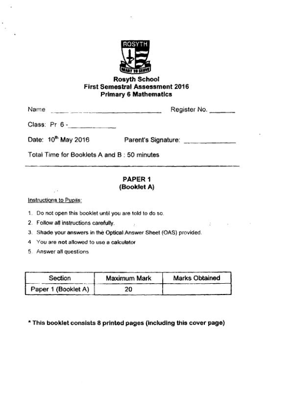 First page preview of P6 Math 2016 WA2 — Rosyth