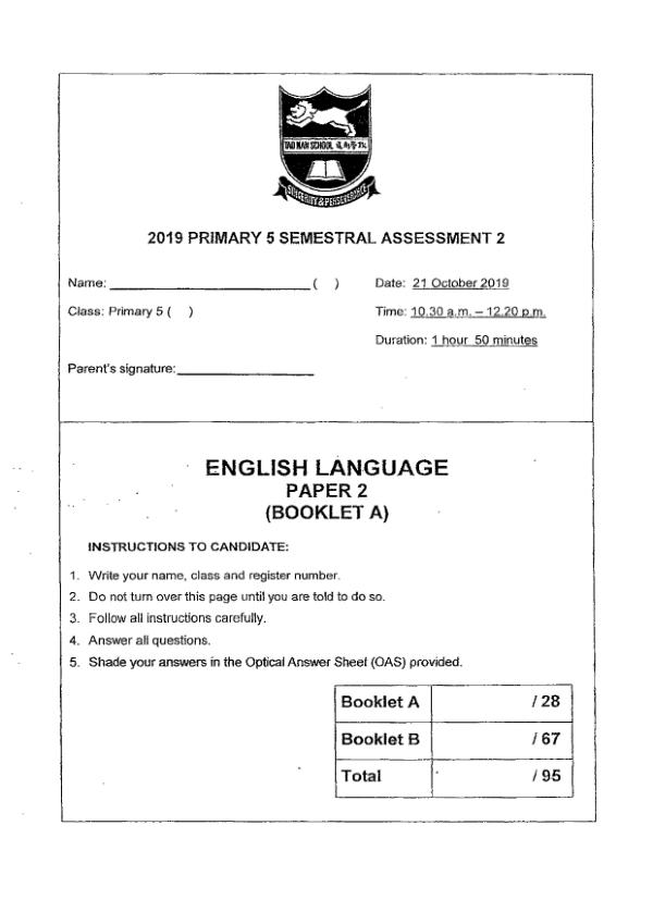 Tao Nan P5 Eng SA2 2019 exam paper PDF preview