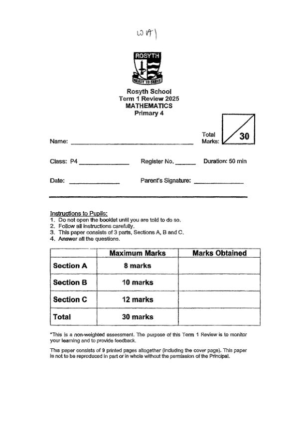 First page preview of P4 Math 2025 WA1 — Rosyth