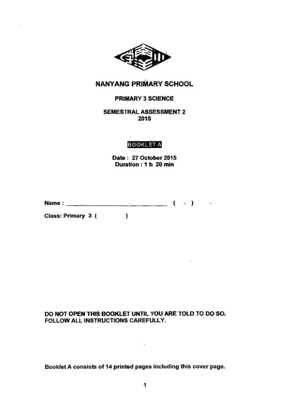 Nanyang P3 Sci SA2 2015 exam paper PDF first page preview