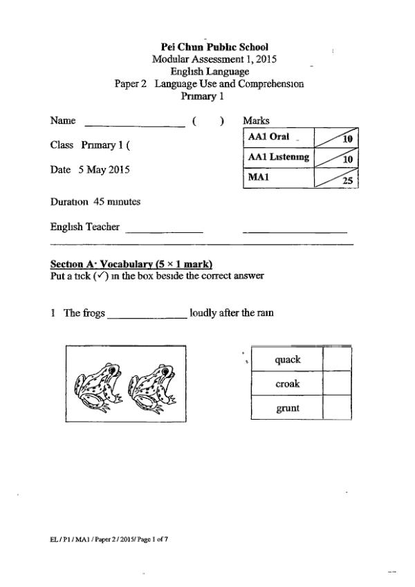 Pei Chun P1 Eng WA2 2015 exam paper PDF first page preview