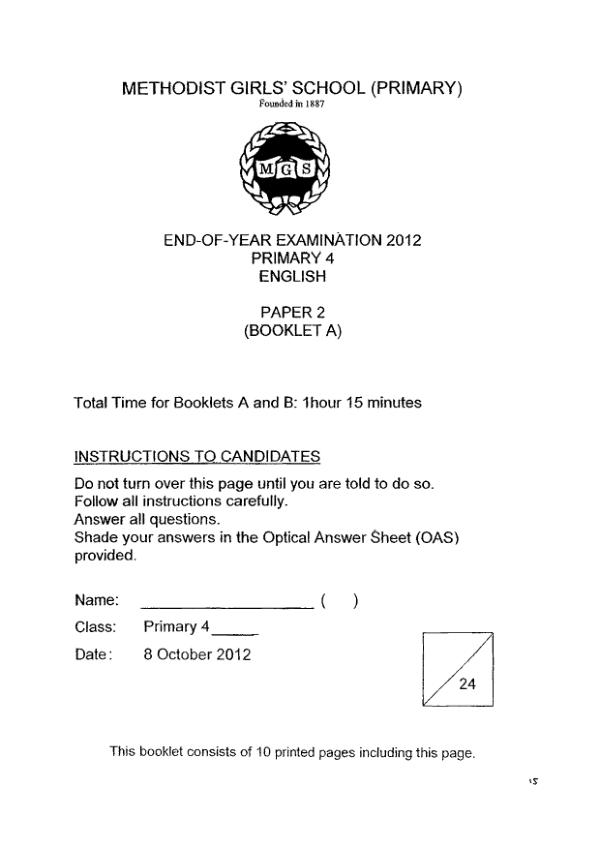Methodist Girls P4 Eng SA2 2012 exam paper PDF preview