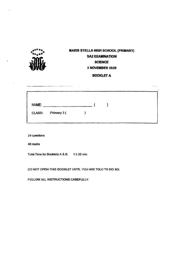 Maris Stella High P3 Sci SA2 2020 exam paper PDF first page preview
