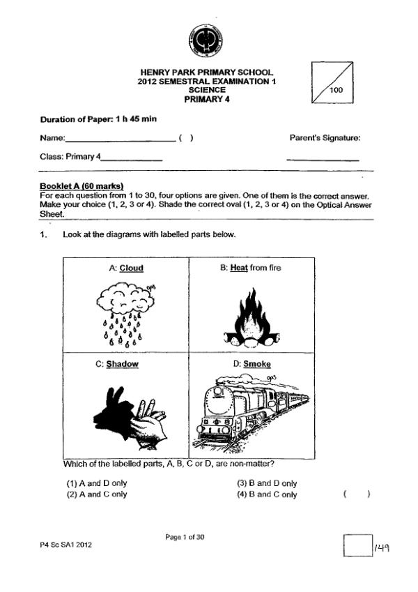 Henry Park P4 Sci WA2 2012 exam paper PDF first page preview
