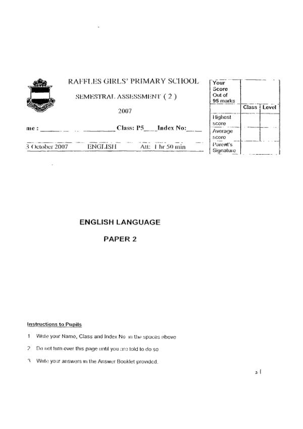Raffles Girls P5 Eng SA2 2007 exam paper PDF preview