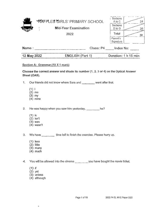 Raffles Girls P4 Eng WA2 2022 exam paper PDF first page preview