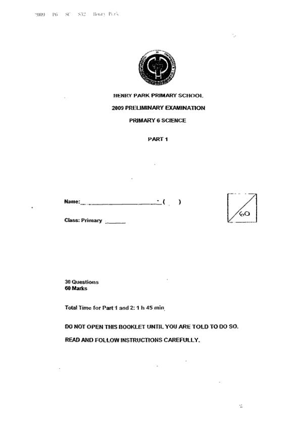 Henry Park P6 Sci SA2 2009 exam paper PDF preview