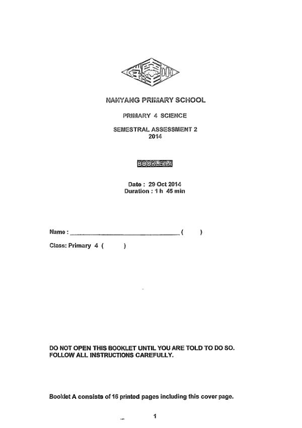 Nanyang P4 Sci SA2 2014 exam paper PDF first page preview