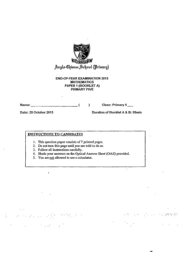 Anglo Chinese P5 Math SA2 2013 exam paper PDF first page preview