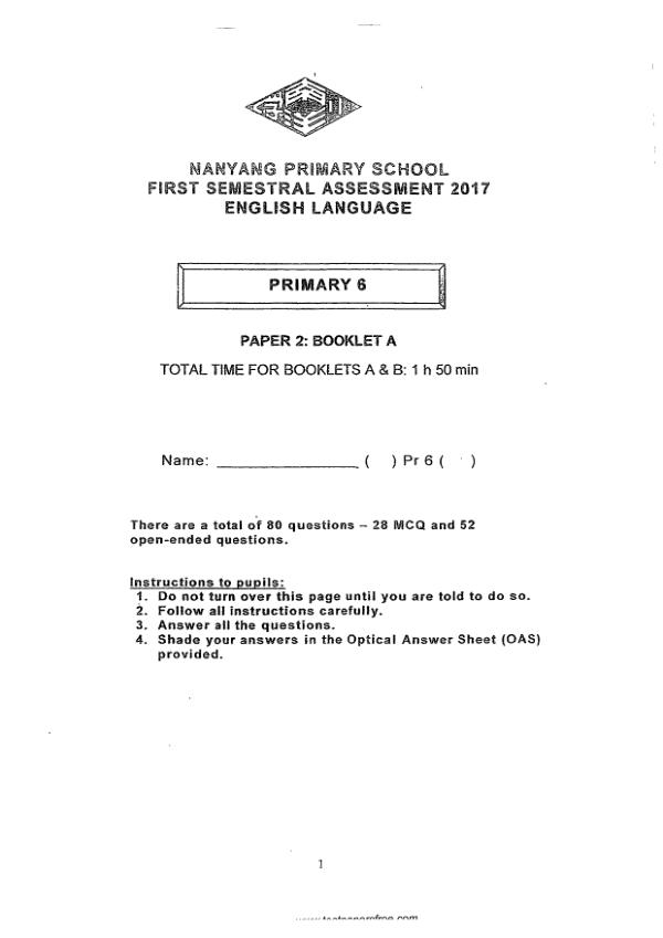 Nanyang P6 Eng WA2 2017 exam paper PDF first page preview