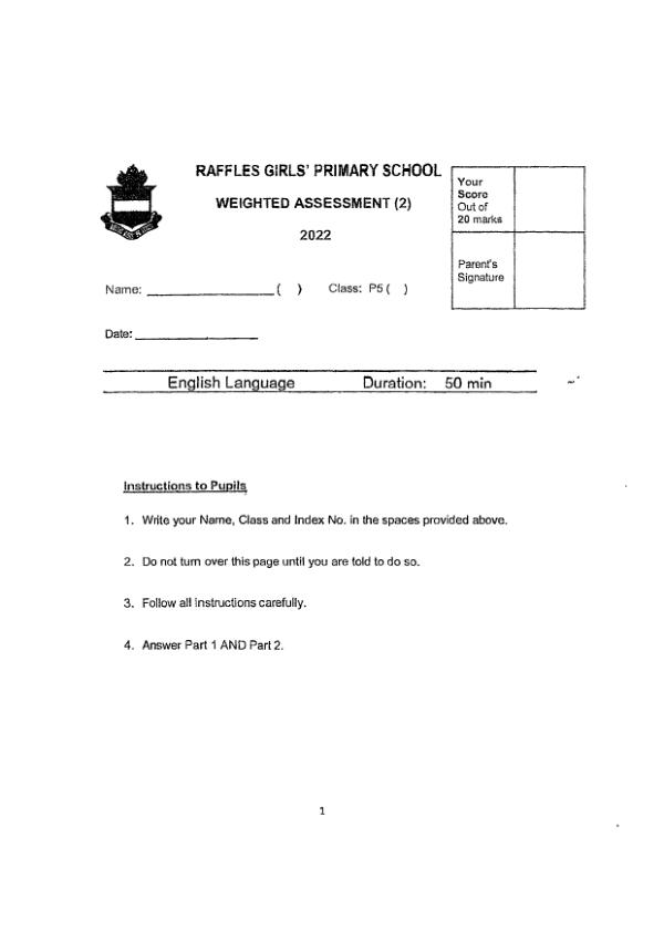 Raffles Girls P5 Eng WA3 2022 exam paper PDF preview