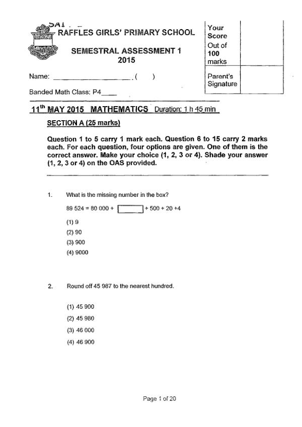 First page preview of P4 Math 2015 WA2 — Raffles Girls