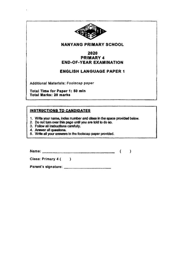 Nanyang P4 Eng SA2 2020 exam paper PDF first page preview