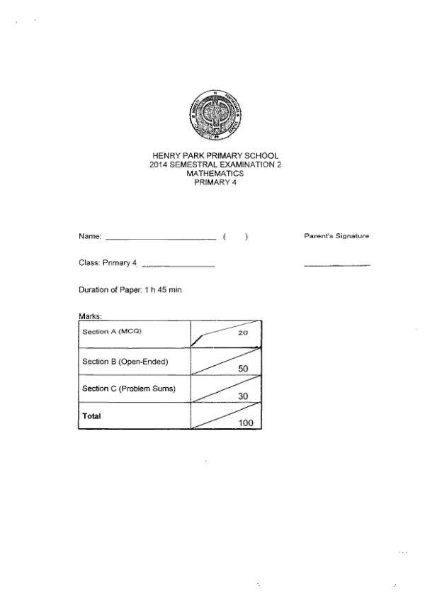 Henry Park P4 Math SA2 2014 exam paper PDF preview