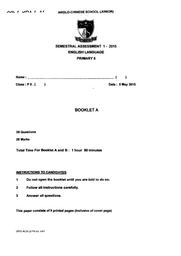 Anglo Chinese P5 Eng WA2 2015 exam paper PDF first page preview