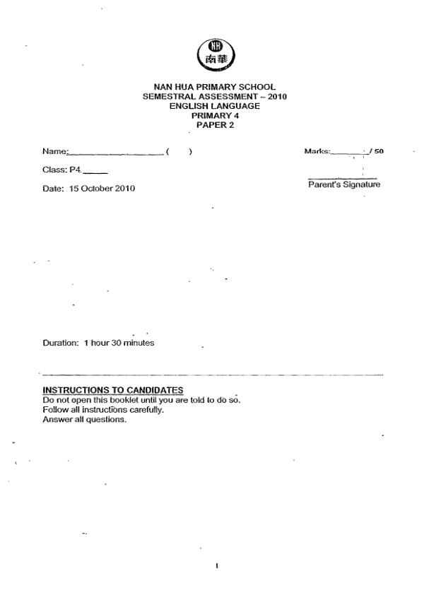Nan Hua P4 Eng SA2 2010 exam paper PDF preview