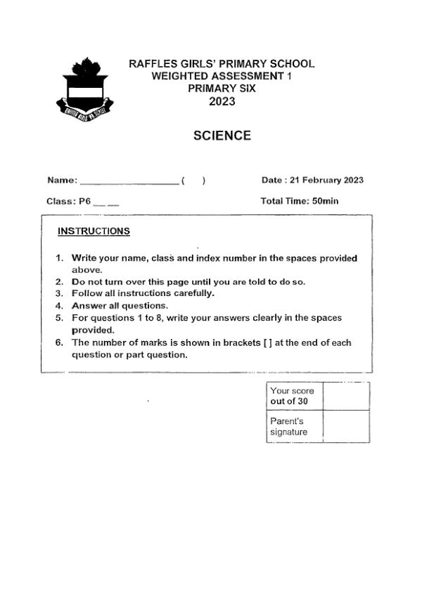 First page preview of P6 Sci 2023 WA1 — Raffles Girls