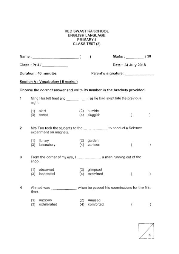Red Swastika P4 Eng WA3 2018 exam paper PDF first page preview
