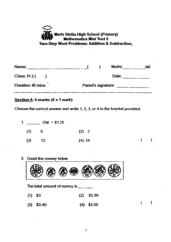 First page preview of P2 Math 2016 WA3 — Maris Stella High