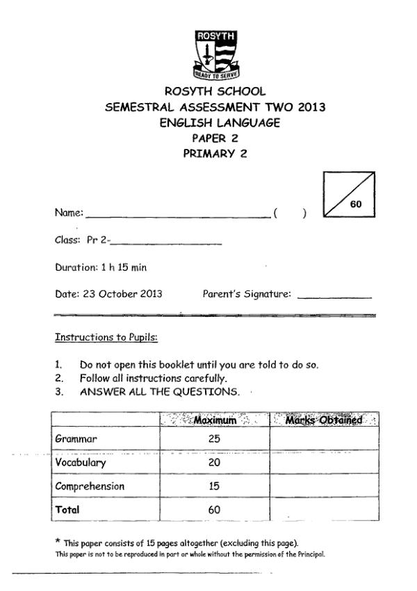 Rosyth P2 Eng SA2 2013 exam paper PDF first page preview