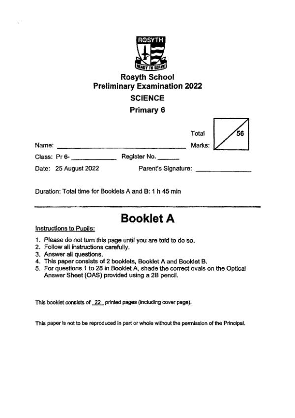 Rosyth P6 Sci SA2 2022 exam paper PDF preview