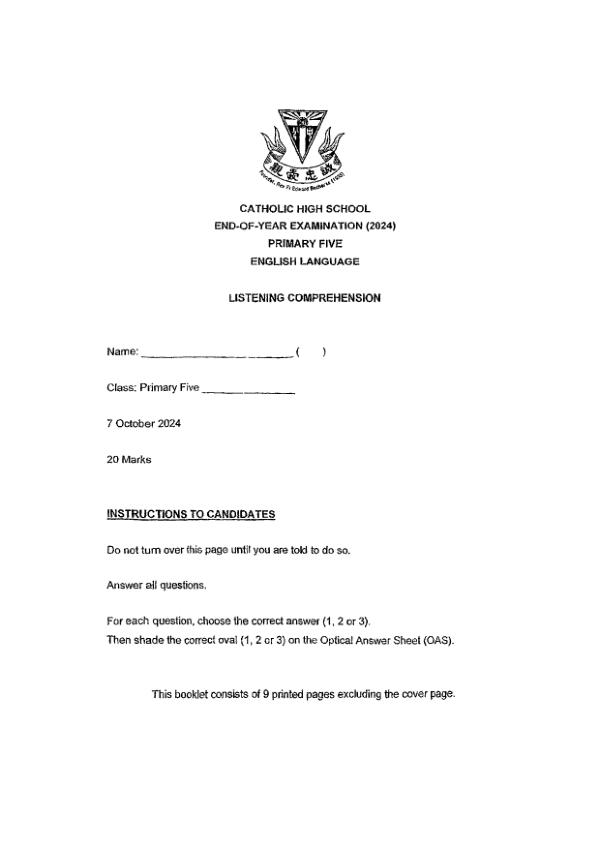 First page preview of P5 Eng 2024 SA2 — Catholic High