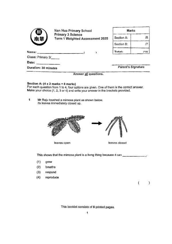 First page preview of P3 Sci 2025 WA1 — Nan Hua