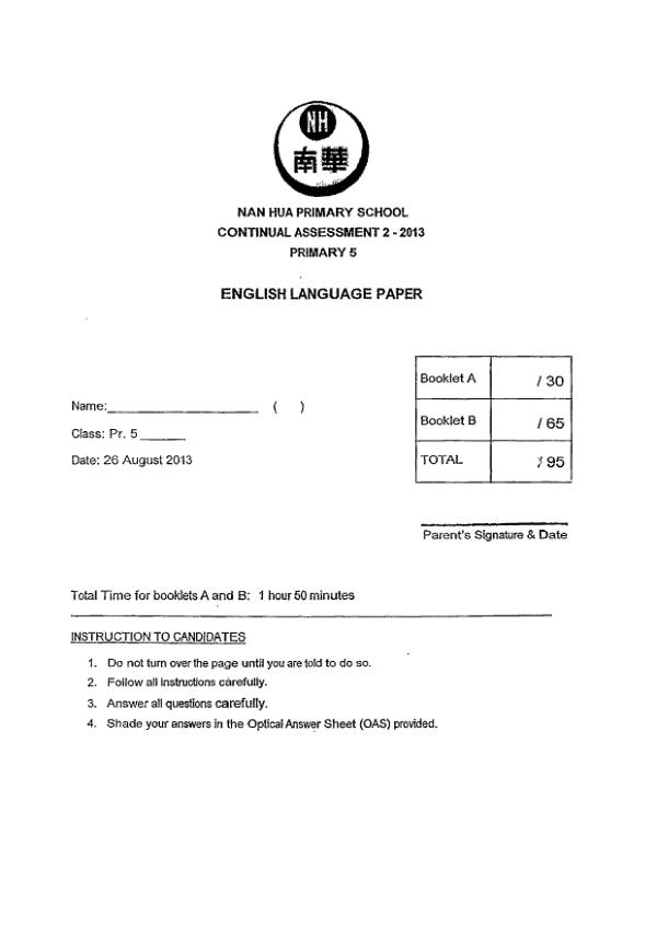 Nan Hua P5 Eng WA3 2013 exam paper PDF preview