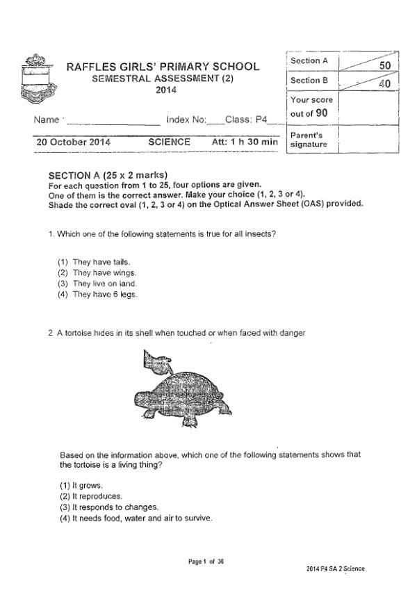 Raffles Girls P4 Sci SA2 2014 exam paper PDF first page preview
