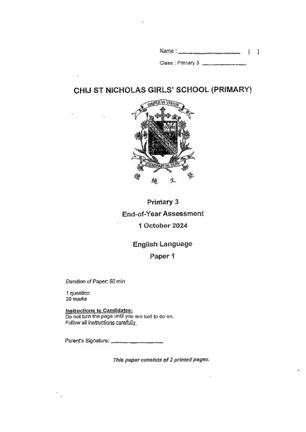 First page preview of P3 Eng 2024 SA2 — CHIJ